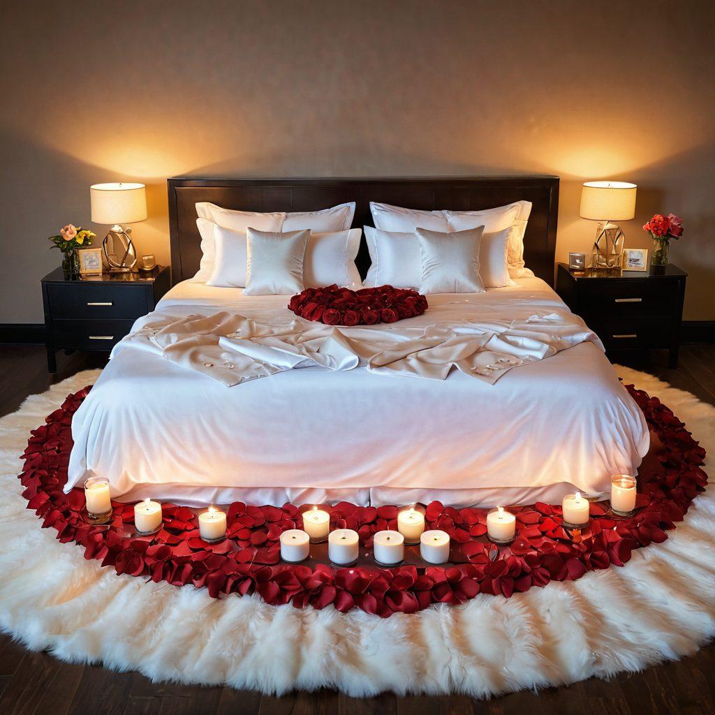 A romantic and inviting scene featuring a variety of intimacy products elegantly displayed on a plush bed with soft, warm lighting. Include candles, rose petals, and silk sheets to create an atmosphere of passion and connection. Showcase couples of diverse backgrounds engaged in intimate moments, highlighting the products in use. Emphasize warmth, love, and exploration in relationships. super-realistic. vibrant colors. soft focus.
