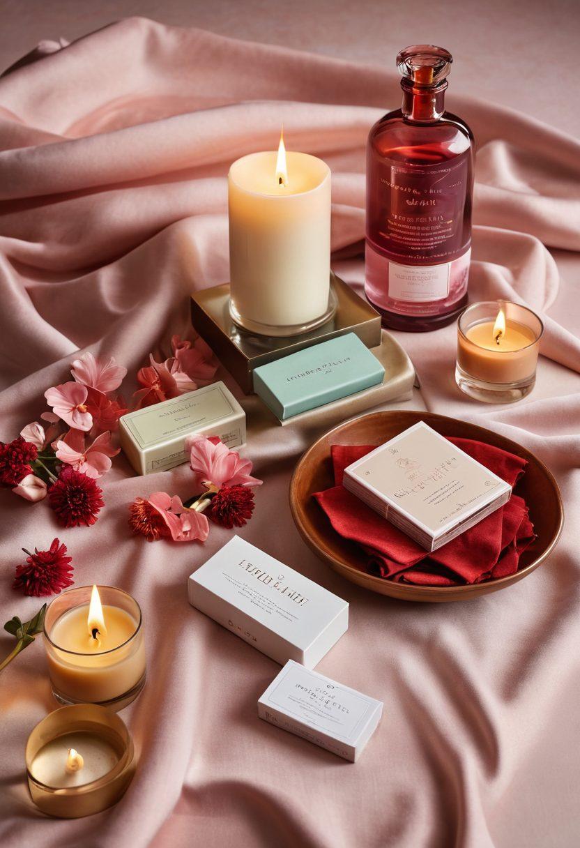 A visually striking arrangement of various sexual wellness essentials, beautifully displayed on a soft, inviting fabric. Incorporate items like elegant lubricants, stylish toys, calming candles, and informative books, emphasizing a sense of intimacy and self-care. Use warm lighting to evoke comfort and desire, while surrounding the items with subtle floral accents for a touch of tenderness. super-realistic. vibrant colors. soft background.
